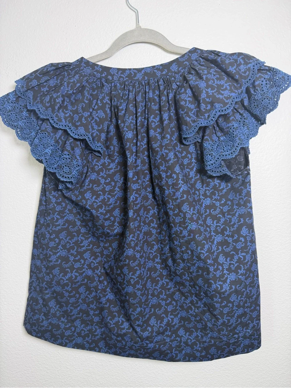 Ulla Johnson Elm Top-Navy & Blue Floral Tassel Tie-Front Blouse Retail $245